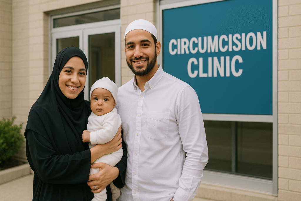 Famille devant clinique de circoncision